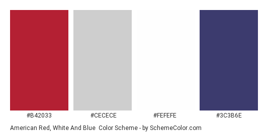 American Red, White and Blue - Color scheme palette thumbnail - #b42033 #cecece #fefefe #3c3b6e 