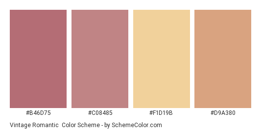 Vintage Romantic - Color scheme palette thumbnail - #b46d75 #c08485 #f1d19b #d9a380 