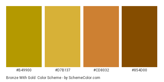Bronze with Gold - Color scheme palette thumbnail - #b49900 #d7b137 #cd8032 #854d00 