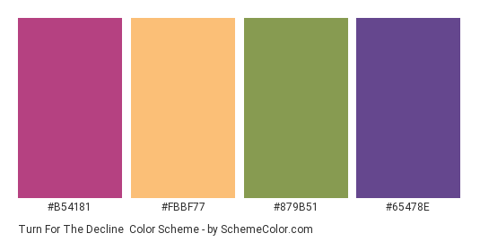 Turn for the Decline - Color scheme palette thumbnail - #b54181 #fbbf77 #879b51 #65478e 