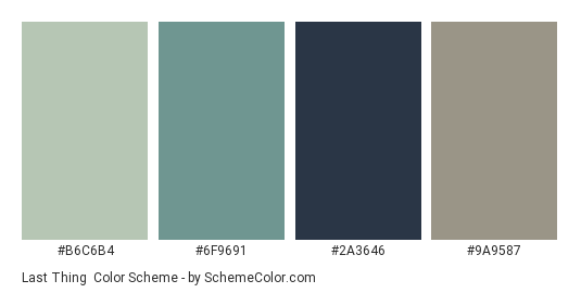 Last Thing - Color scheme palette thumbnail - #b6c6b4 #6f9691 #2a3646 #9a9587 