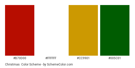 Christmas - Color scheme palette thumbnail - #b70d00 #ffffff #cc9901 #005c01 