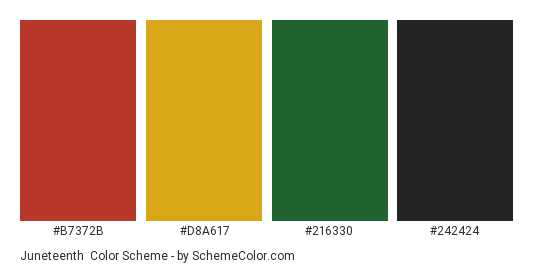 Juneteenth - Color scheme palette thumbnail - #b7372b #d8a617 #216330 #242424 