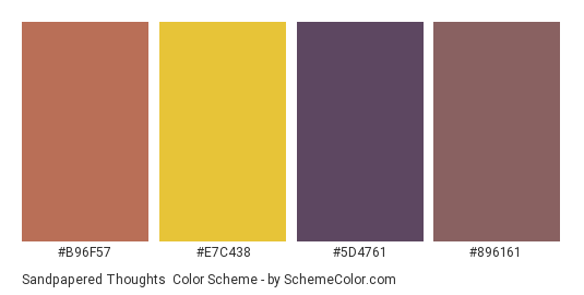 Sandpapered Thoughts - Color scheme palette thumbnail - #b96f57 #e7c438 #5d4761 #896161 
