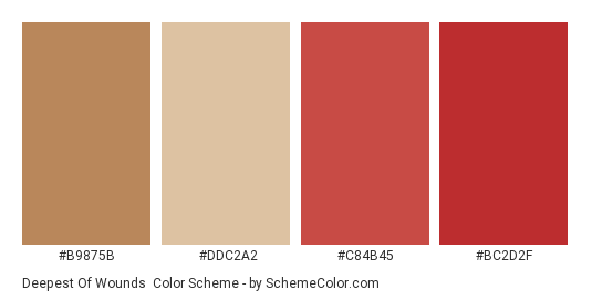 Deepest of Wounds - Color scheme palette thumbnail - #b9875b #ddc2a2 #c84b45 #bc2d2f 