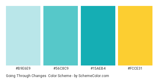 Going Through Changes - Color scheme palette thumbnail - #b9e6e9 #56c8c9 #15aeb4 #fcce31 