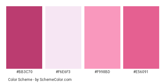 Pink Silk - Color scheme palette thumbnail - #bb3c70 #f6e6f3 #f998bd #e56091 