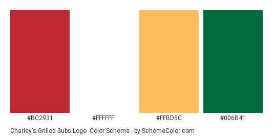Charley’s Grilled Subs Logo - Color scheme palette thumbnail - #bc2931 #ffffff #ffbd5c #006b41 