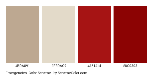 Emergencies - Color scheme palette thumbnail - #bda891 #e3dac9 #a61414 #8c0303 
