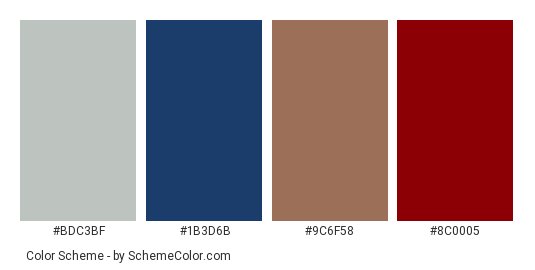 Seagull - Color scheme palette thumbnail - #bdc3bf #1b3d6b #9c6f58 #8c0005 