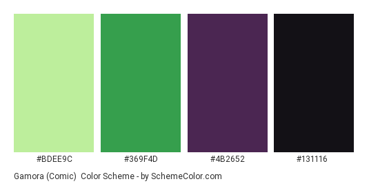 Gamora (Comic) - Color scheme palette thumbnail - #bdee9c #369f4d #4b2652 #131116 