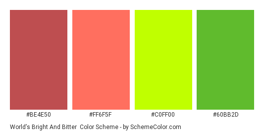 World’s Bright and Bitter - Color scheme palette thumbnail - #be4e50 #ff6f5f #c0ff00 #60bb2d 