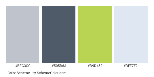 Blue & White Modern - Color scheme palette thumbnail - #bec3cc #505b6a #b9d452 #dfe7f2 