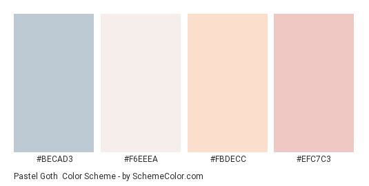 Pastel Goth - Color scheme palette thumbnail - #becad3 #f6eeea #fbdecc #efc7c3 