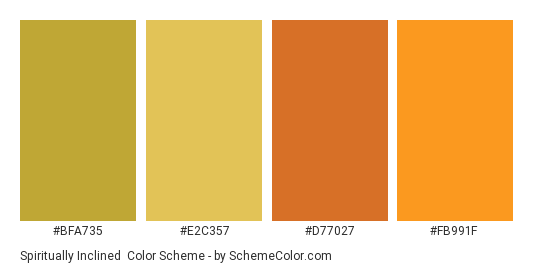 Spiritually Inclined - Color scheme palette thumbnail - #bfa735 #e2c357 #d77027 #fb991f 