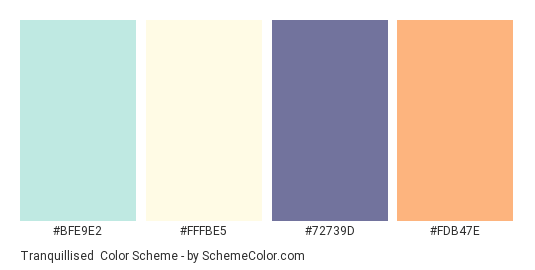 Tranquillised - Color scheme palette thumbnail - #bfe9e2 #fffbe5 #72739d #fdb47e 