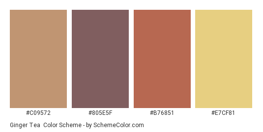 Ginger Tea - Color scheme palette thumbnail - #c09572 #805e5f #b76851 #e7cf81 