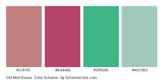 Old Mint Roses - Color scheme palette thumbnail - #c18181 #b4446b #3fb686 #a0c9bc 