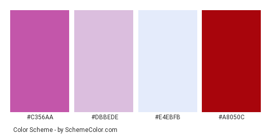 Dressing Up Tonight - Color scheme palette thumbnail - #c356aa #dbbede #e4ebfb #a8050c 