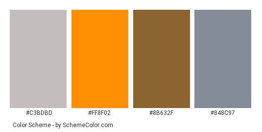 Robin Bird - Color scheme palette thumbnail - #c3bdbd #ff8f02 #8b632f #848c97 