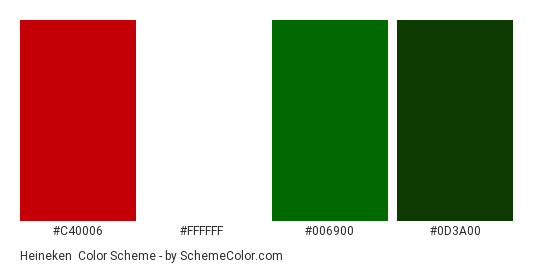 Heineken - Color scheme palette thumbnail - #c40006 #ffffff #006900 #0d3a00 