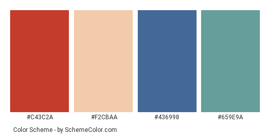 Cafe in Greece - Color scheme palette thumbnail - #c43c2a #f2cbaa #436998 #659e9a 