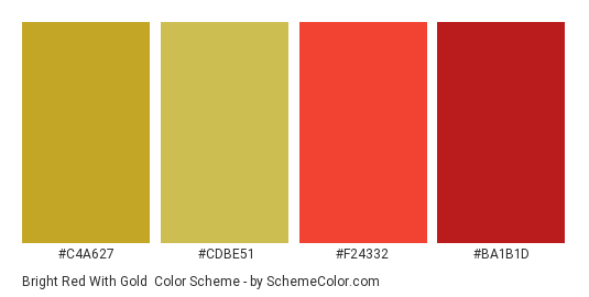 Bright Red with Gold - Color scheme palette thumbnail - #c4a627 #cdbe51 #f24332 #ba1b1d 