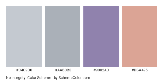 No Integrity - Color scheme palette thumbnail - #c4c9d0 #aab0b8 #9082ad #dba495 