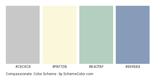 Compassionate - Color scheme palette thumbnail - #c8c8c8 #fbf7db #b4cfbf #889bb8 
