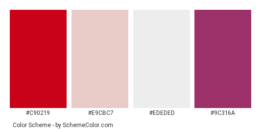 Lady In Red - Color scheme palette thumbnail - #c90219 #e9cbc7 #ededed #9c316a 