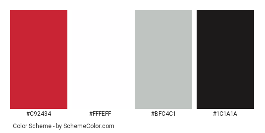 The Modern Woman - Color scheme palette thumbnail - #c92434 #fffeff #bfc4c1 #1c1a1a 