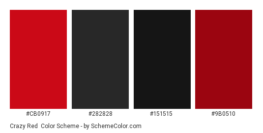 Crazy Red - Color scheme palette thumbnail - #cb0917 #282828 #151515 #9b0510 