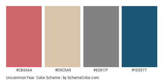 Uncommon Fear - Color scheme palette thumbnail - #cb666a #d9c5a9 #82817f #1d5577 