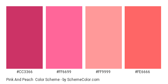 Pink and Peach - Color scheme palette thumbnail - #cc3366 #ff6699 #ff9999 #fe6666 