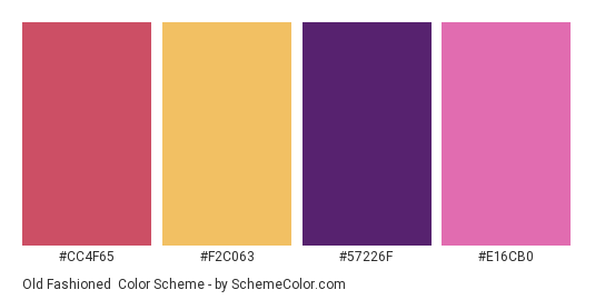 Old Fashioned - Color scheme palette thumbnail - #cc4f65 #f2c063 #57226f #e16cb0 
