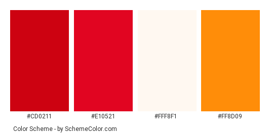 Strawberry Crush - Color scheme palette thumbnail - #cd0211 #e10521 #fff8f1 #ff8d09 