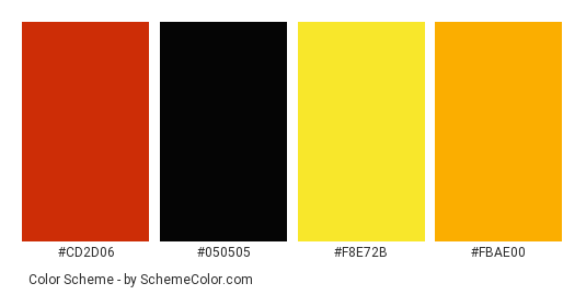 Ladybug - Color scheme palette thumbnail - #cd2d06 #050505 #f8e72b #fbae00 