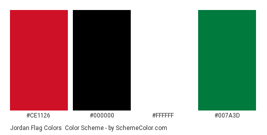 Jordan Flag Colors - Color scheme palette thumbnail - #ce1126 #000000 #ffffff #007a3d 
