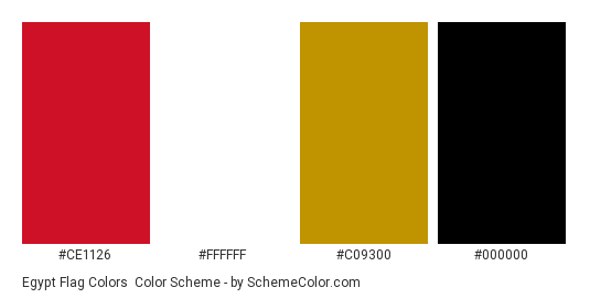 Egypt Flag Colors - Color scheme palette thumbnail - #ce1126 #ffffff #c09300 #000000 