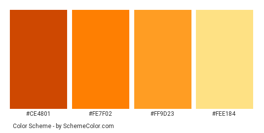 Last Look At Autumn - Color scheme palette thumbnail - #ce4801 #fe7f02 #ff9d23 #fee184 