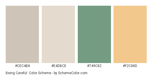 Being Careful - Color scheme palette thumbnail - #cec4b8 #e4dbce #749c82 #f2c88d 