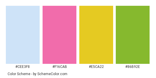 Pink flowers - Color scheme palette thumbnail - #cee3f8 #f16cab #e5ca22 #86b92e 