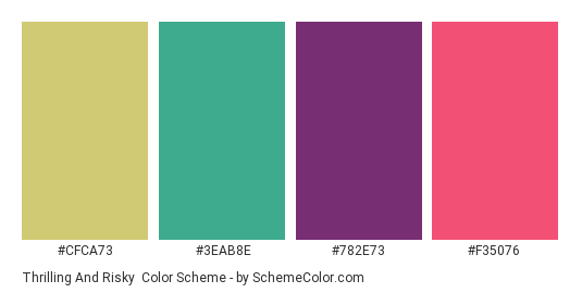 Thrilling and Risky - Color scheme palette thumbnail - #cfca73 #3EAB8E #782E73 #F35076 