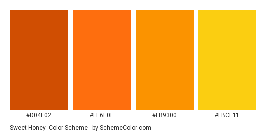 Sweet Honey - Color scheme palette thumbnail - #d04e02 #fe6e0e #fb9300 #fbce11 