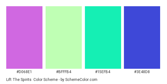 Lift the Spirits - Color scheme palette thumbnail - #d068e1 #bfffb4 #15efb4 #3e48d8 