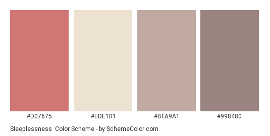 Sleeplessness - Color scheme palette thumbnail - #d07675 #ede1d1 #bfa9a1 #998480 