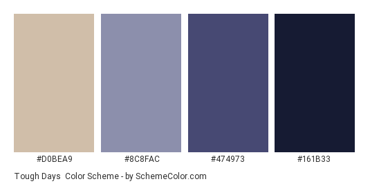 Tough Days - Color scheme palette thumbnail - #d0bea9 #8C8FAC #474973 #161B33 