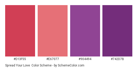 Spread Your Love - Color scheme palette thumbnail - #d13f55 #e67077 #904494 #742d7b 