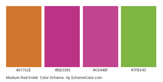 Medium Red-Violet - Color scheme palette thumbnail - #d1762e #bb3385 #c0448f #7fb543 