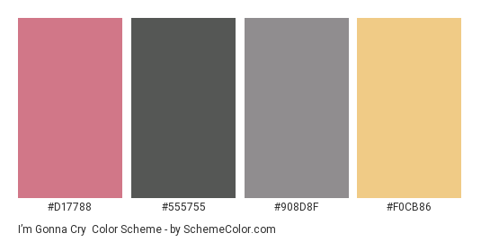 I’m Gonna Cry - Color scheme palette thumbnail - #d17788 #555755 #908d8f #f0cb86 